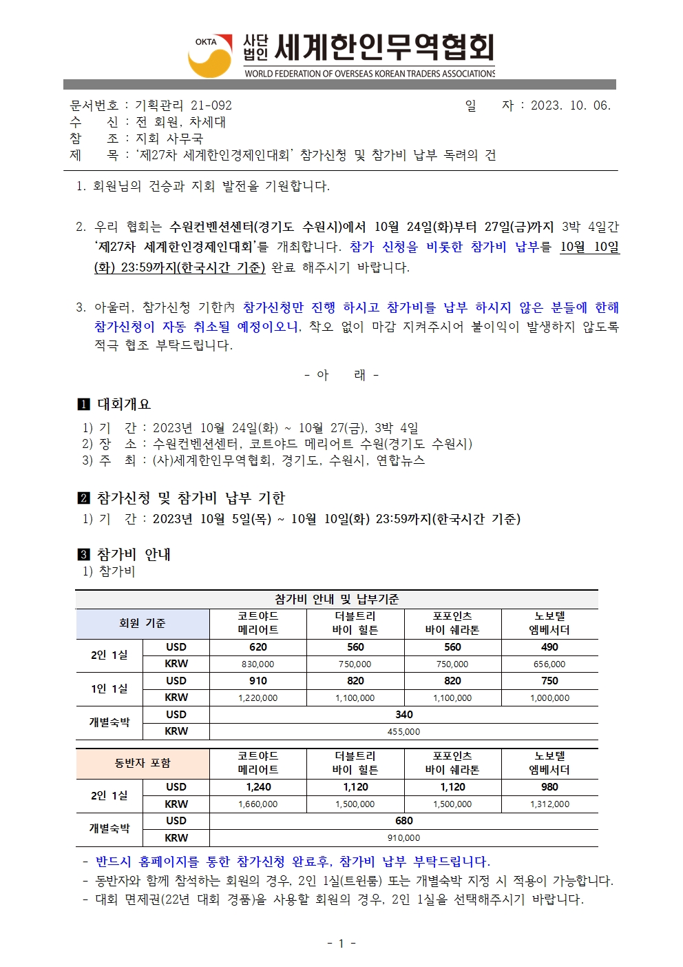 기획관리21-092_‘제27차 세계한인경제인대회’ 참가신청 및 참가비 납부 독려의 건001.jpg 이미지입니다.