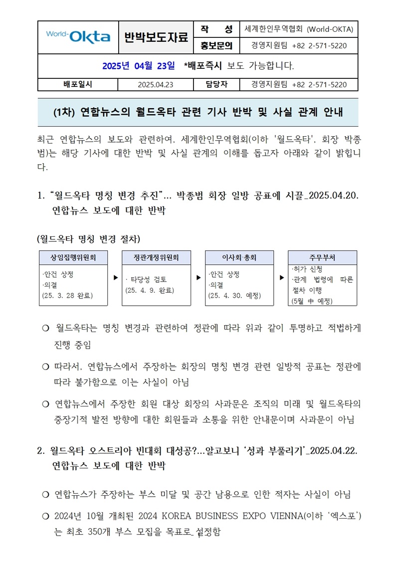 [반박보도자료] (1차) 연합뉴스의 월드옥타 관련 기사 반박 및 사실관계 안내001.jpg 이미지입니다.